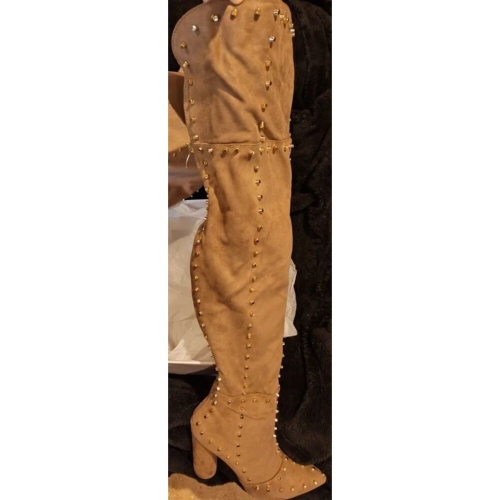 New Venus Faux Suede Thigh High Gold Studded High Heel Boots SZ8